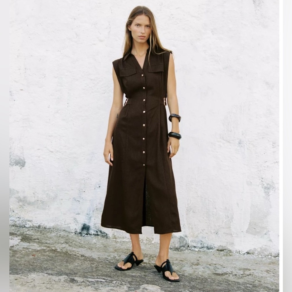 LINEN MIDI DRESS Sleeveless Brown Button-Down Dress